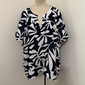 Elie by Elie Tahari Women XXL 100% Linen Navy Blue & White Floral Top Lagenlook